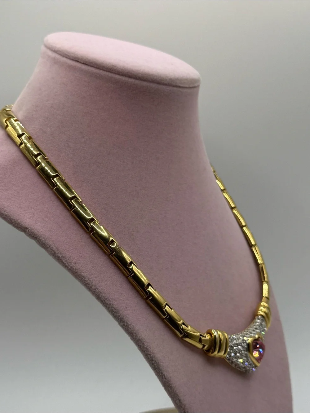 Vintage Nolan Miller Gold-Tone Necklace with pave Pink Heart Crystal Accent